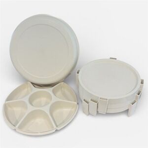 Vintage MCM Tupperware Divided Party Tray w Lid & 3 Tier Stacking Stands Almond